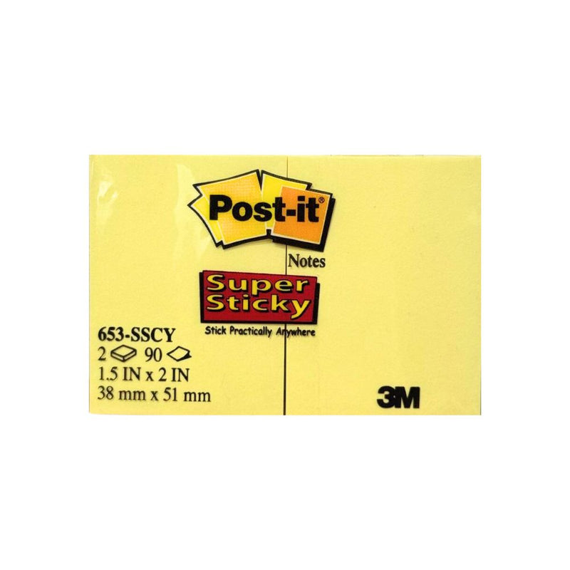 3M Post-it Super Sticky Canary Yellow Notes 1.5in X 2in, 2 Pads, 90 Sheets/Pad