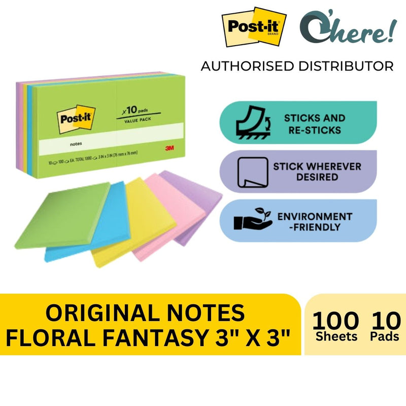 3M Post-it Original Sticky Note 3x3 inch Floral Fantasy, 10 Pads, 100 Sheets/Pad
