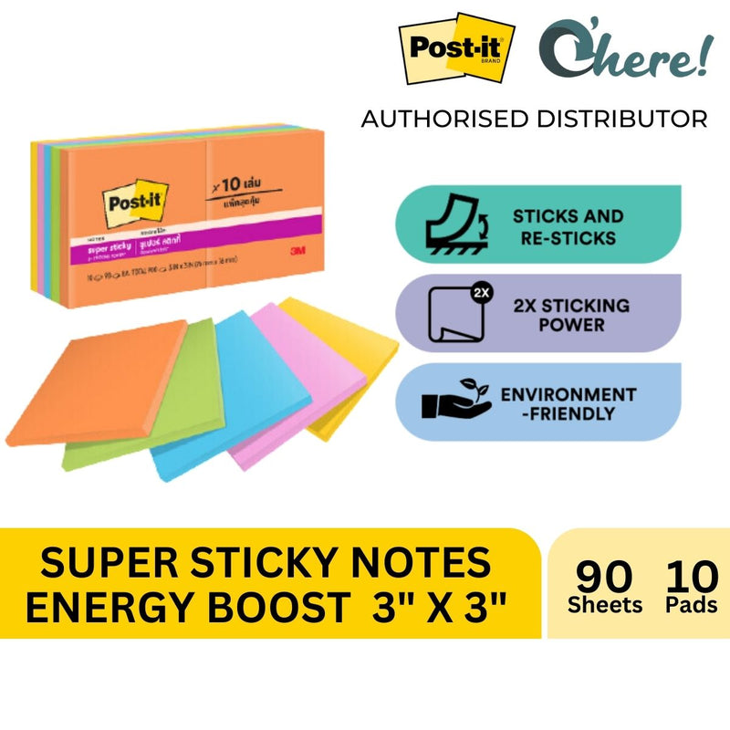 3M Post-it Super Sticky Note Energy Boost 3x3 inch 654-10SSAU 10 Pads, 90 sheets/Pad