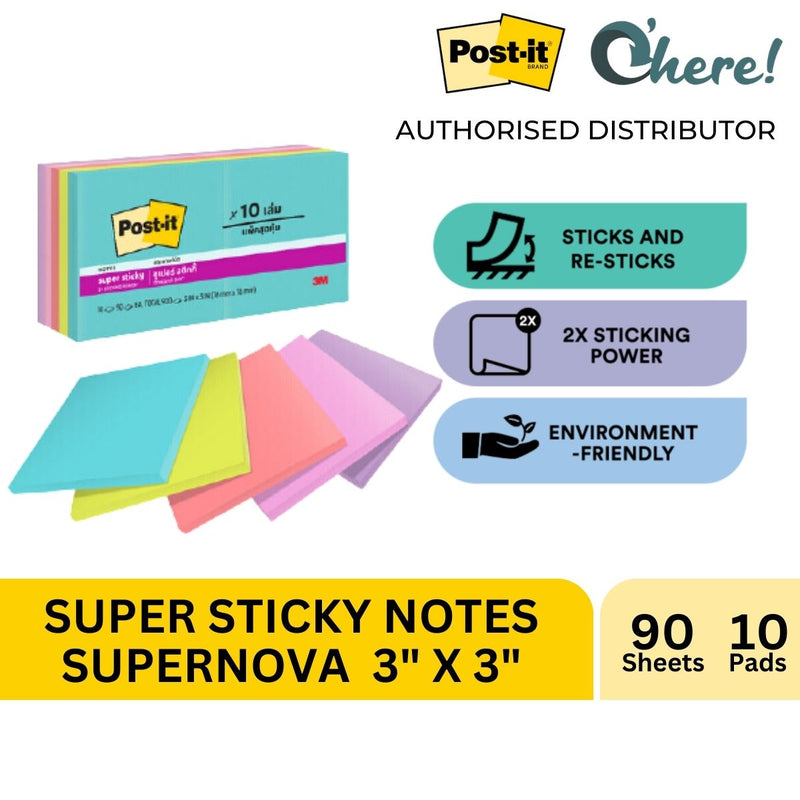 3M Post-it Super Sticky Note Supernova Collection 3x3 Inch 654-10SSMIA 10 Pads, 90 sheets/pad