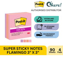 3M Post-It Super Sticky Notes 3x3 inch Flamingo 654-4SSFLA 4 Pads, 90 Sheets/pad
