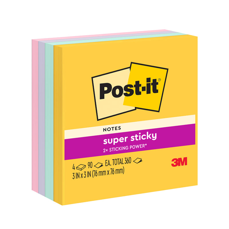 3M Post-It Super Sticky Notes 3in x 3in, 4 Pads/Pack, 90 Sheets/Pad, Total 360 Sheets, 654-4SSSWT