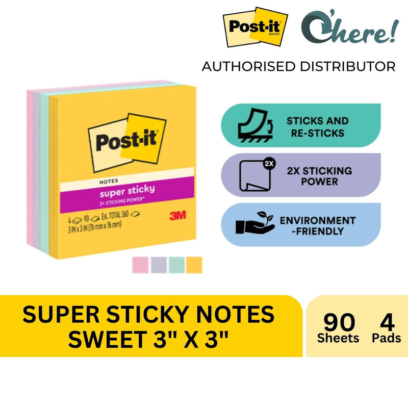 3M Post-It Super Sticky Notes 3in x 3in, 4 Pads/Pack, 90 Sheets/Pad, Total 360 Sheets, 654-4SSSWT