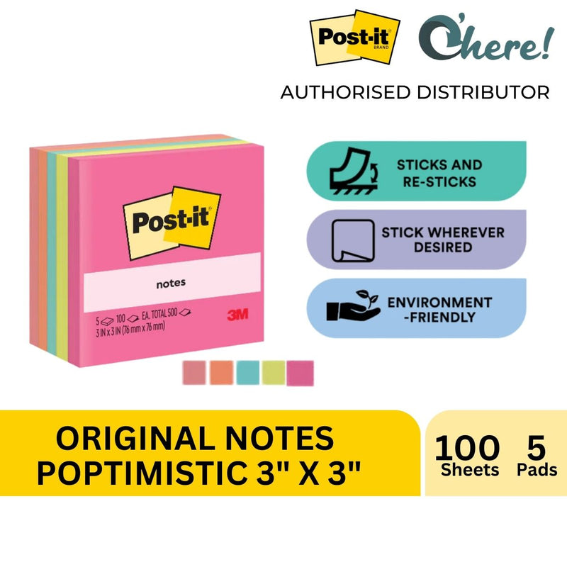 3M Post-it Sticky Note Poptimistic 3in x 3in, 5 Pads/Pack, 100 Sheets/Pad, Total 500 Sheets