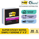 3M Post-it Super Sticky Notes Simply Serene, 3 in x 3 in, 5 Pads/Pack, 86 Sheets/Pad, 654-5SSNE