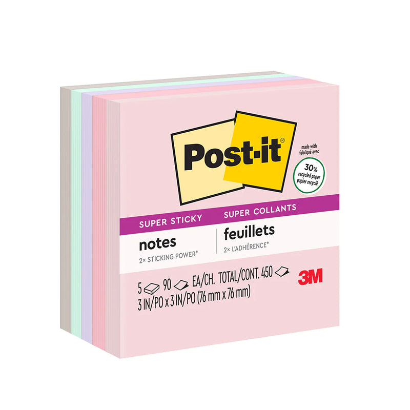 3M Post-it Super Sticky Recycled Wanderlust Pastel Note 3x3 inch 5 Pads, 90 Sheets/Pad, 654-5SSNRP