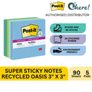3M Post-it Super Sticky Recycled Notes, 3x3 in, 5 Pads, 90 Sheets/Pad, 30% Recycled Paper