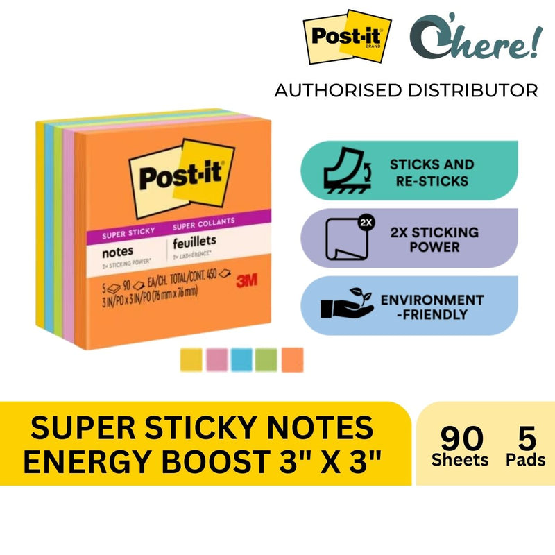 3M Post-it Super Sticky Note Rio De Janeiro 3x3 inch 654-5SSAU 5 Pads/Pack, 90 Sheets/Pad