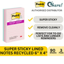 3M Post-it Super Sticky Recycled Notes, 4in x 6in, Bali Collection, Lined, 3 Pads/Pack, 90 Sheets/Pad, Total 270 Sheets