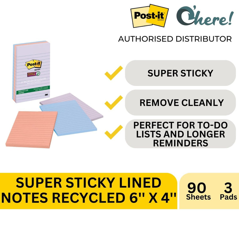 3M Post-it Super Sticky Recycled Notes, 4in x 6in, Bali Collection, Lined, 3 Pads/Pack, 90 Sheets/Pad, Total 270 Sheets