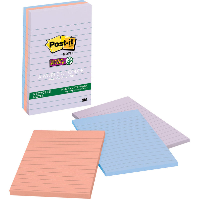 3M Post-it Super Sticky Recycled Notes, 4in x 6in, Bali Collection, Lined, 3 Pads/Pack, 90 Sheets/Pad, Total 270 Sheets