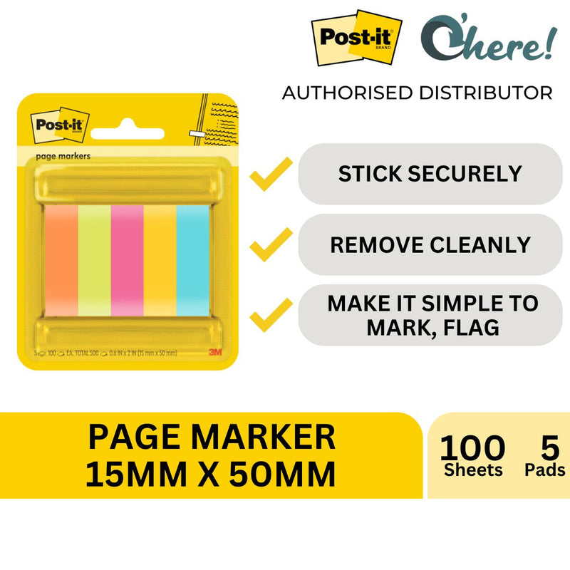 3M Post-it Page Markers 670-5ASST 15x50mm Assorted, Pack of 5, 100 Sheets/Pad
