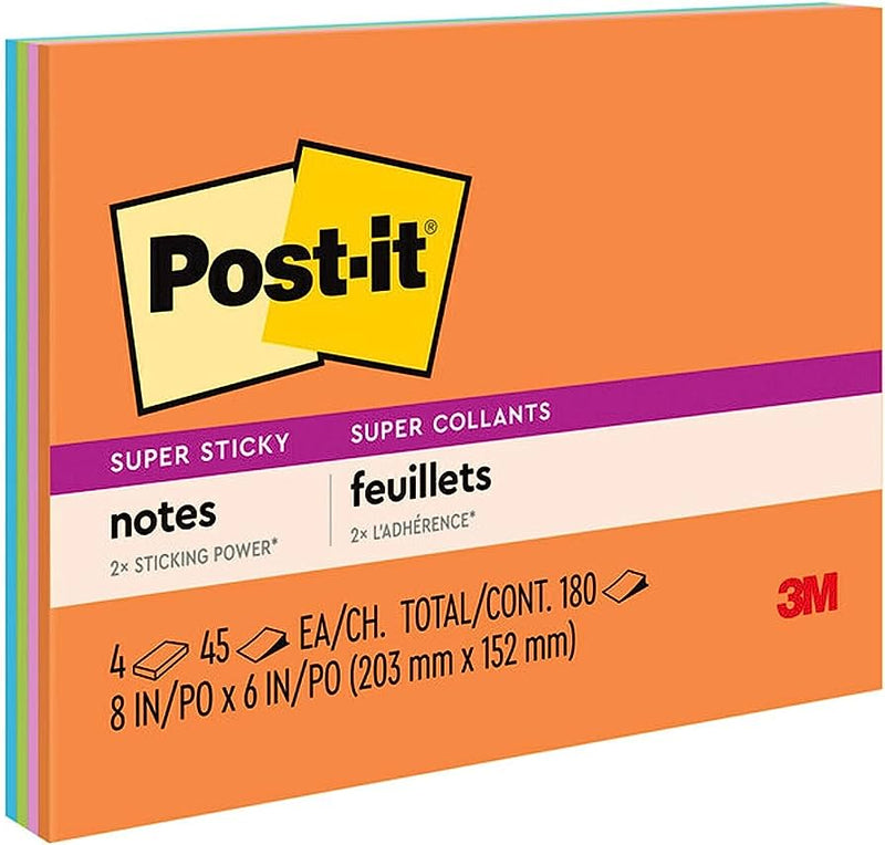 3M Post-it Super Sticky Ast Colours Notes 8" X 6" 4 Pad/Pack 45 Sheets/Pad Total 180 Sheets