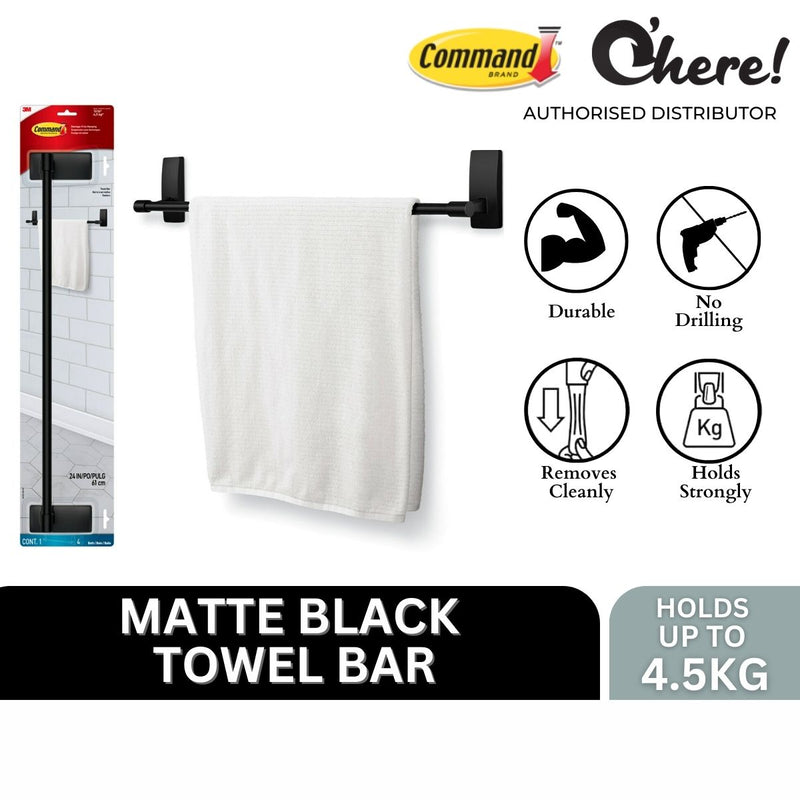 3M Command Bathroom Matte Black Towel Bar, 2 Large Strips