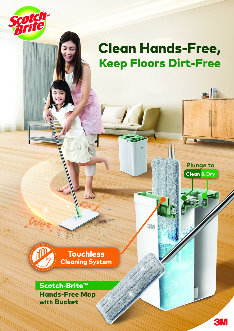 3M Scotch Brite Compact Hands-Free Flat Mop with Bucket