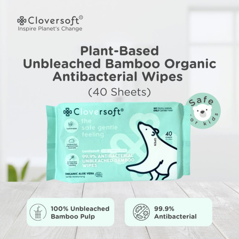 Cloversoft Unbleached Bamboo 99.9% Antibacterial Organic Wipes 40 Sheets
