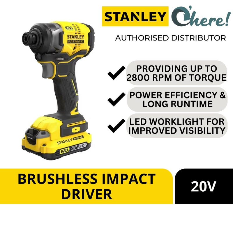 Stanley 1/4 Inch 6.35mm 20V Brushless Cordless Impact Driver SBI810D2K-B1