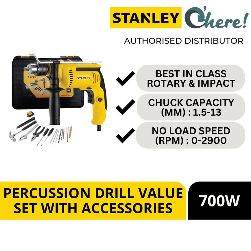 Stanley 13mm Percussion Drill 0-2900RPM 700W Value Set With Accessories (18 Pcs) SDH700KV-B1