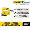 Stanley 600W Variable Speed Pendulum Jigsaw For Cutting Wood, Sheet metal And Plastic SJ60-XD