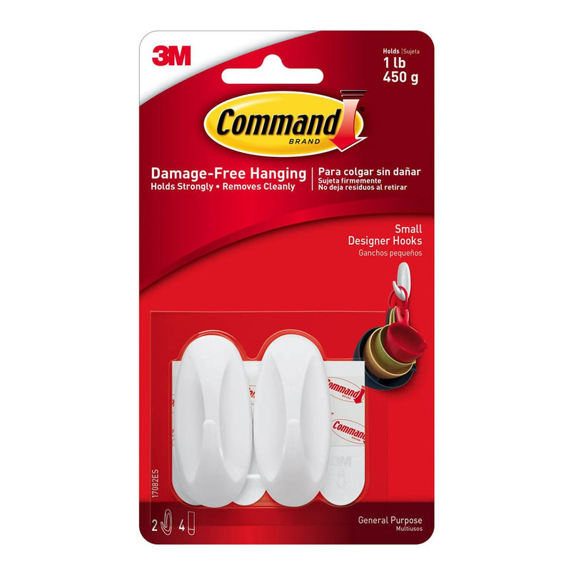 3M Command White Designer Small Hooks 450G 2 Hooks/4 Strips