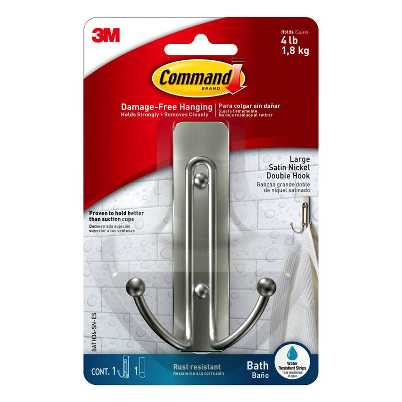 3M Command Satin Nickel Large Double Hook Holds 1.8kg