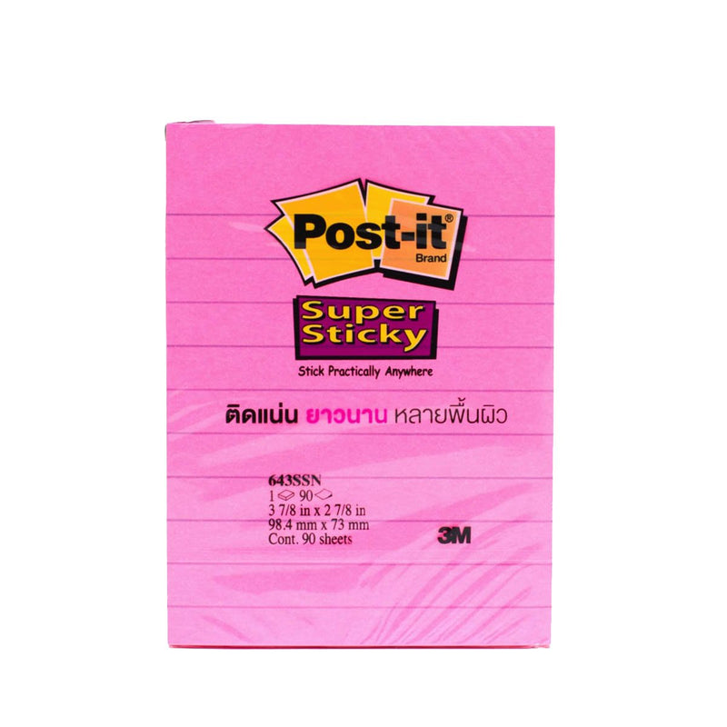 3M Post-it Super Sticky Lined Neon Pink 4" X 3" X 90 Sheets