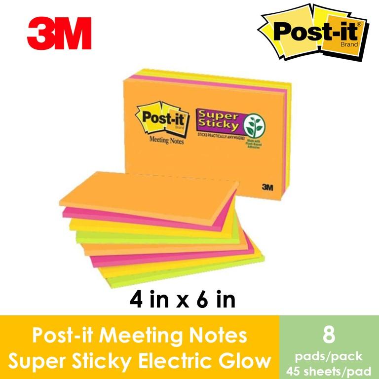 3M Post-it Super Sticky Ast Colours Notes 6" X 4" 8 Pad/Pack 45 Sheets/Pd Total 360 Sheets