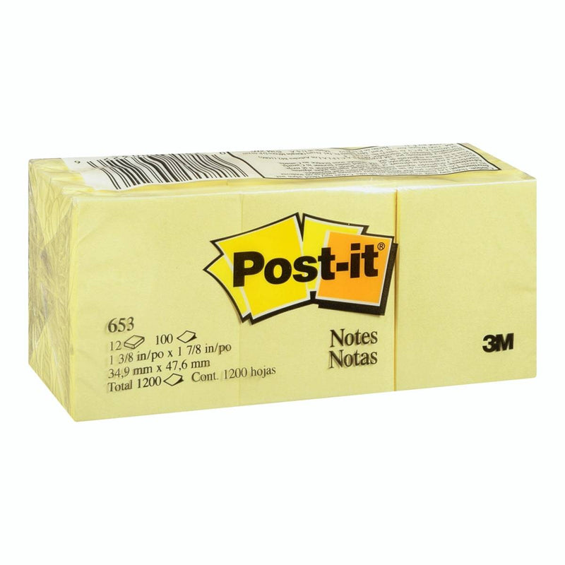 3M Post-it 1.5" X 2" Canary Yellow Notes 12 Pad/Pk