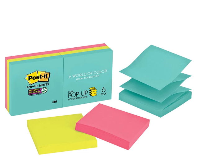3M Post-It Super Sticky Pop up Miami Colour Notes 3" X 3"/Pad 90 Sheets/Pad 6 Pad/Pack