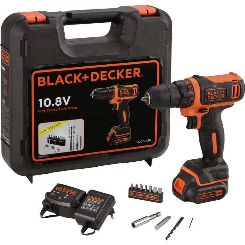 Black & Decker 10.8V Lithium Cordless Drill Driver in Kitbox 11 Bits