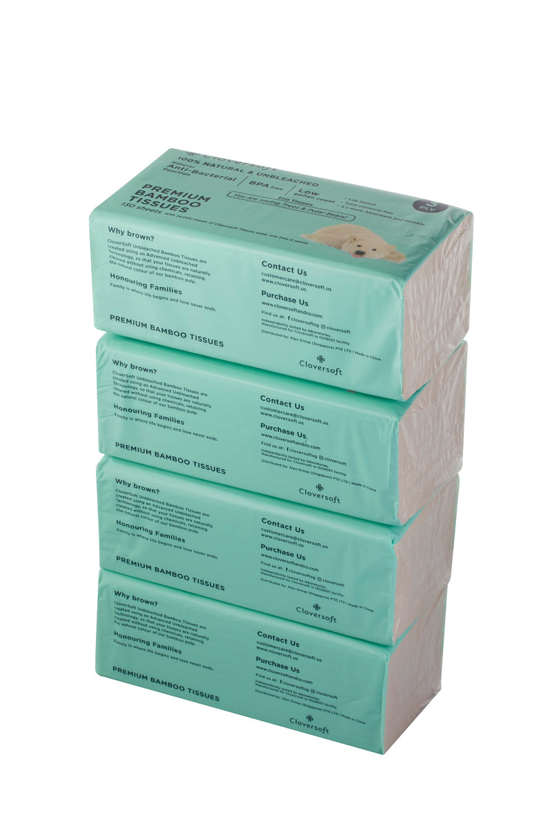 Cloversoft Plant-Based Unbleached Bamboo Tissues 3 Ply 4 X 130 Sheets