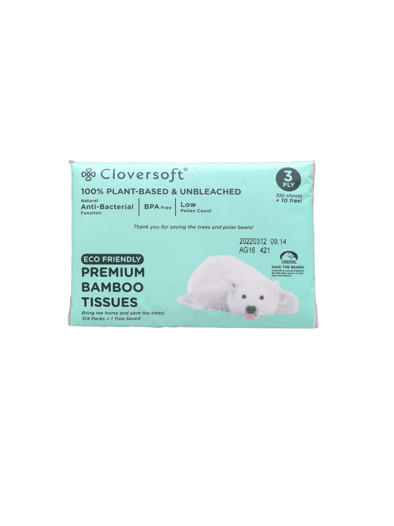 Cloversoft Plant-Based Compact Unbleached Bamboo Premium Tissues 3 Ply 100 Sheets Plus extra 10 sheets