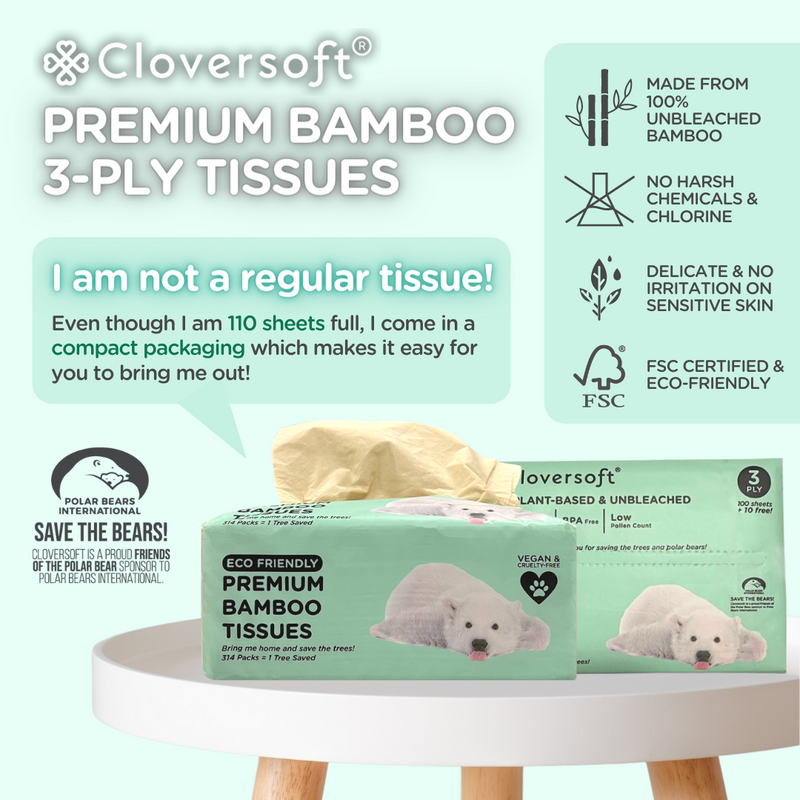 Cloversoft Plant-Based Compact Unbleached Bamboo Premium Tissues 3 Ply 100 Sheets Plus extra 10 sheets
