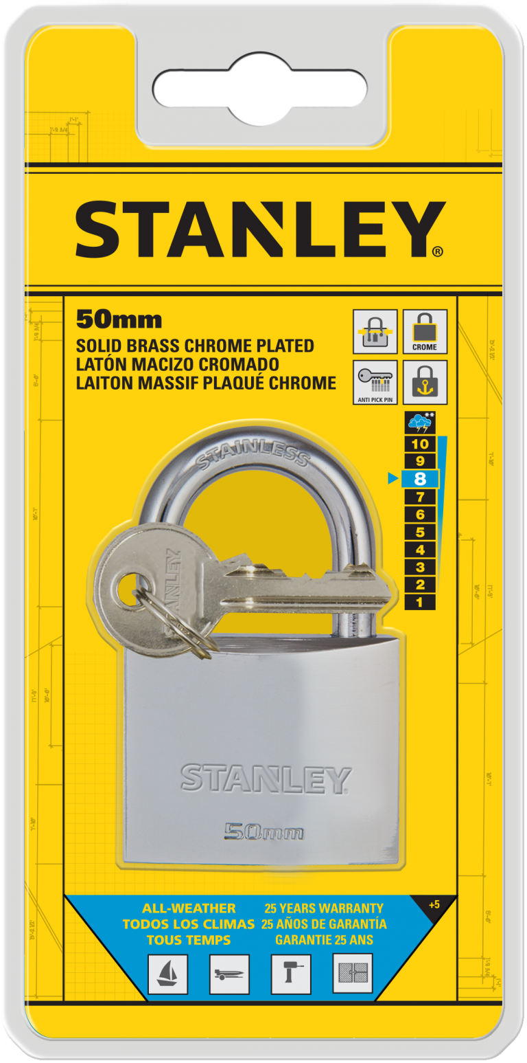 Stanley Solid Brass Standard Shackle Chrome Coated Padlock 30mm/ 40mm/ 50mm