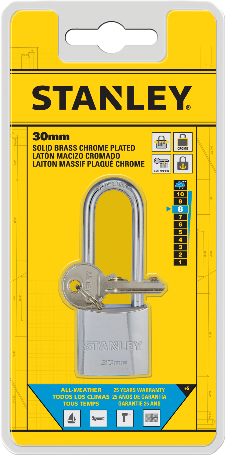 Stanley Solid Brass Long Shackle Chrome Coated Padlock 30mm/ 40mm/ 50mm