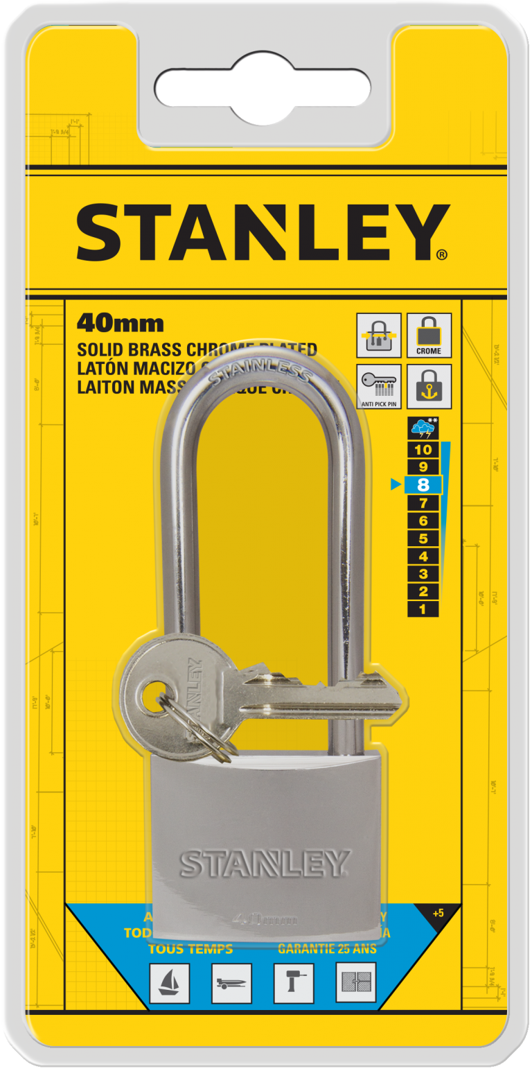 Stanley Solid Brass Long Shackle Chrome Coated Padlock 30mm/ 40mm/ 50mm