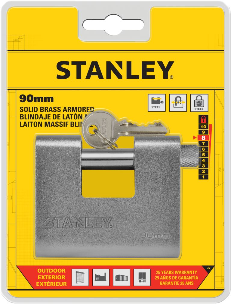 Stanley Solid Brass Rectangular Padlock With Hardened Steel Case 80mm/ 90mm