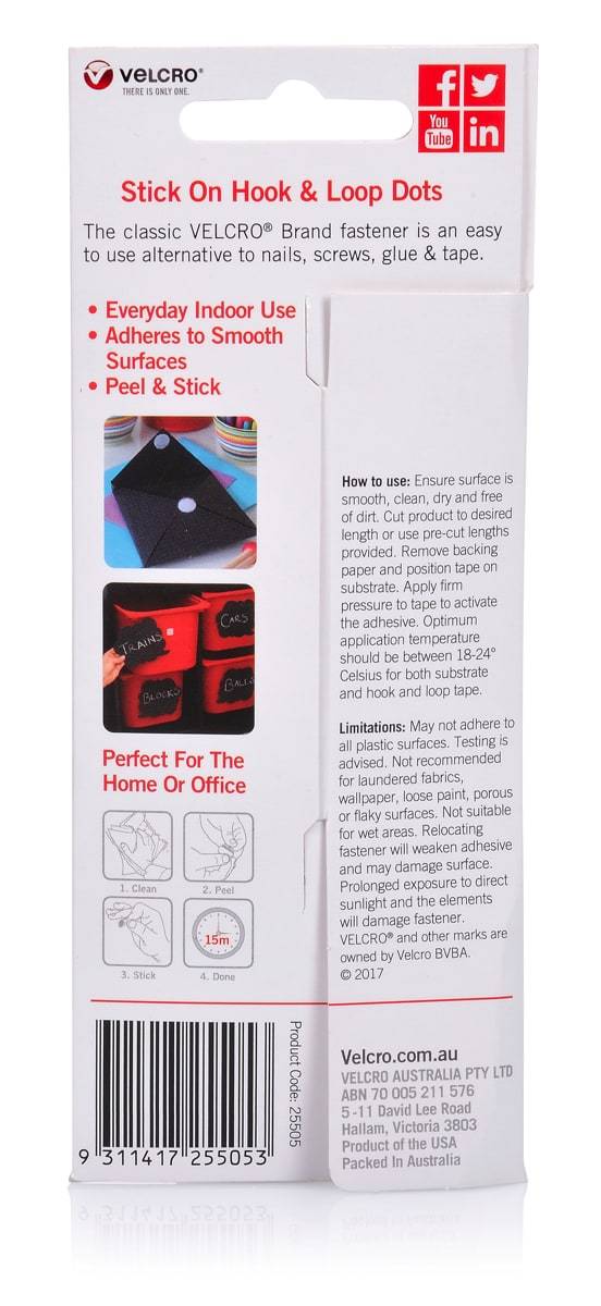 Velcro Brand Stick on Hook and Loop Mini Dots 16 mm Black (15 Dots)