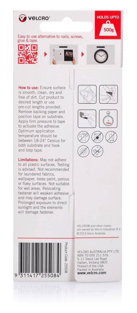 Velcro Brand Stick on Hook & Loop Strips 20 mm X 130 mm White