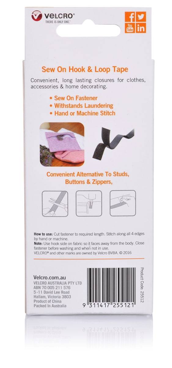 Velcro Brand Sew on Hook and Loop Tape 20 mm X 1 Meter Black