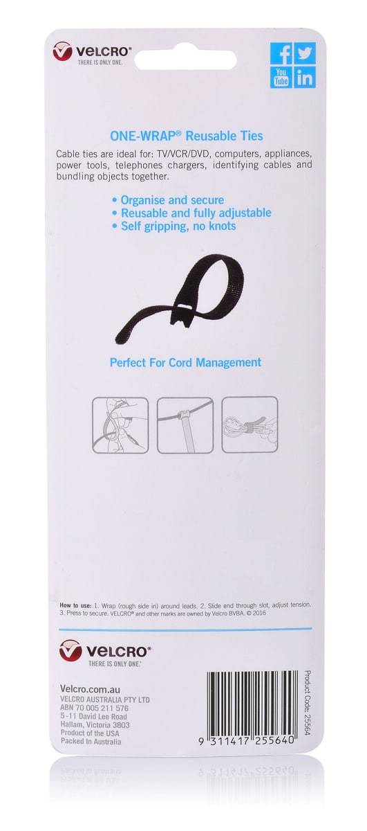 Velcro Brand One-Wrap Re-Usable Ties 25 mm X 200 mm Black